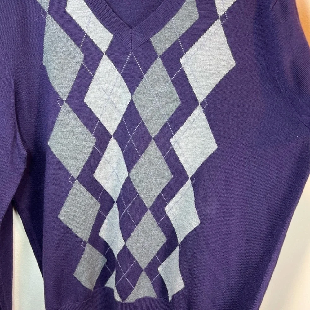 Banana Republic Merino Wool Argyle Sweater Purple V-Neck Preppy Office  Sz Large